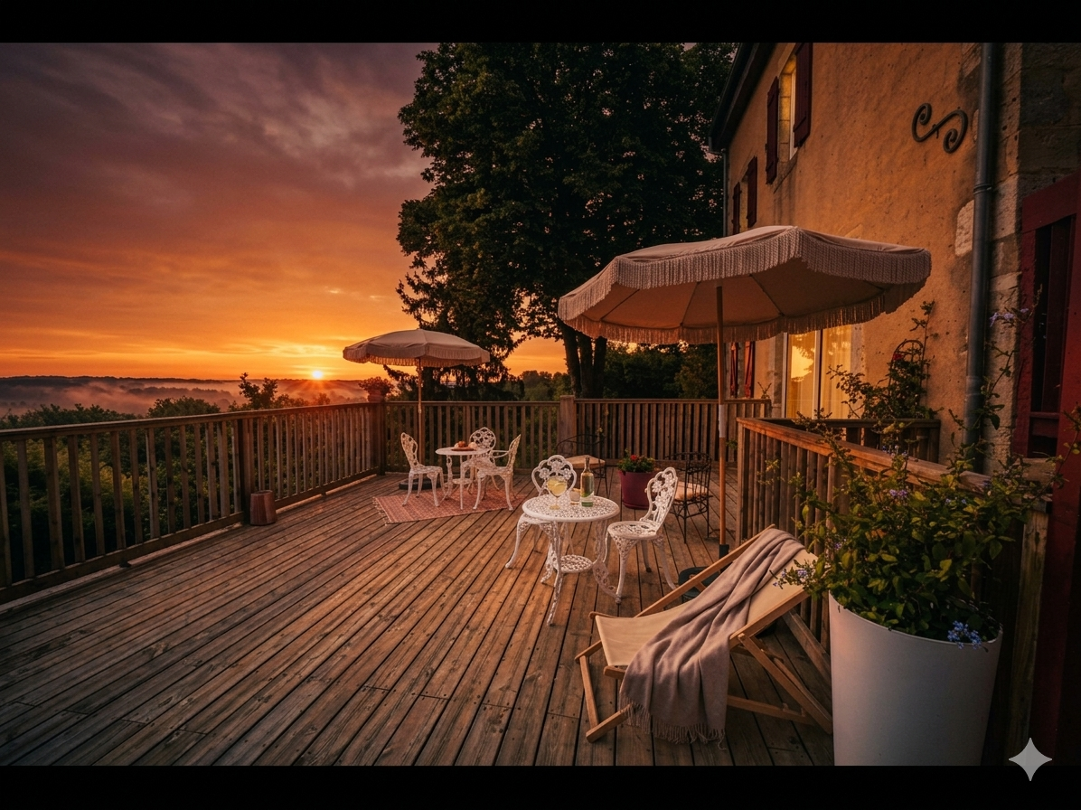 Terrasse panoramique Le Patio Tursan avec vue coucher de soleil sur les Pyrénées à Pimbo